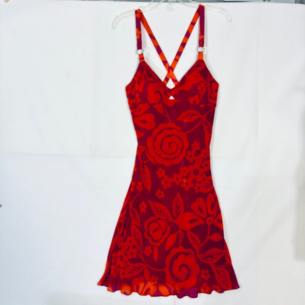Y2K Sue Wong Silk Babydoll Slip Dress 10 Pink Orange Tropical Mod Retro 90s - Picture 15 of 15